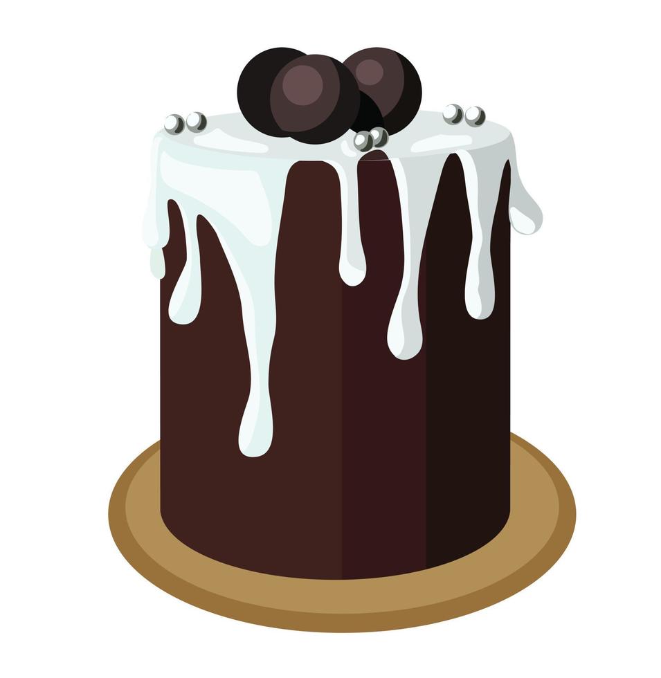 großer Brownie-Schokoladenkuchen, garniert mit weißer Ganache, Pralinen und silbernen Zuckerkugeln. Stock-Vektor-Illustration isoliert auf weißem Hintergrund. vektor