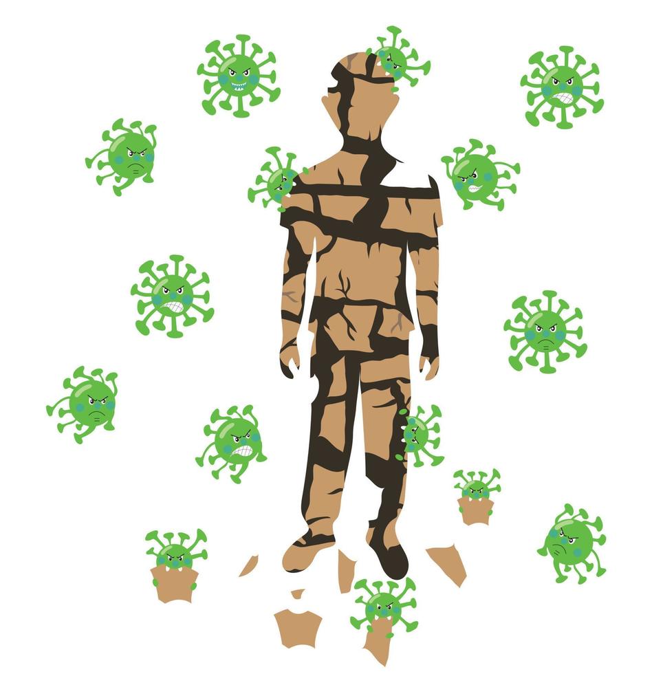 Die Silhouette eines Mannes, der in Stücke zersprungen ist und unter dem Einfluss von Mikroorganismen, Coronavirus, zerstört wird. Vektorgrafik auf Lager isoliert auf weißem Hintergrund. vektor
