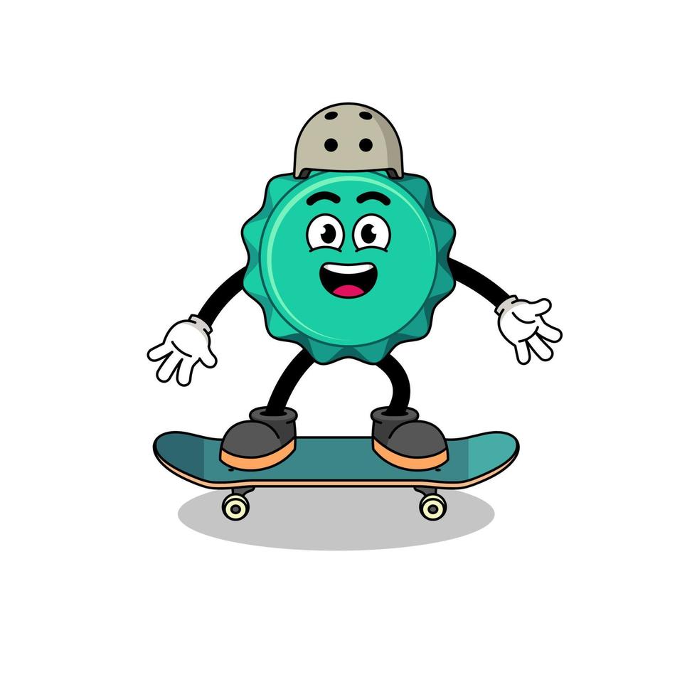 Kronkorken-Maskottchen, das ein Skateboard spielt vektor