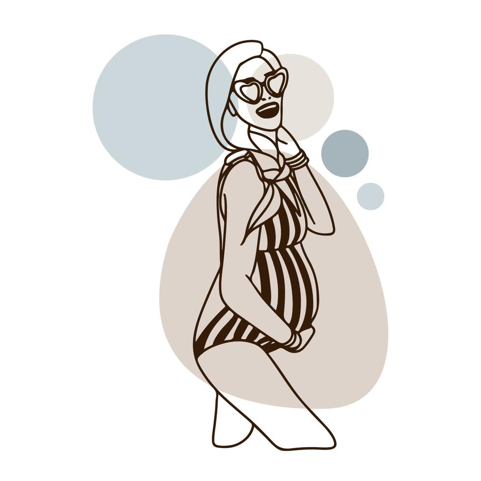 gravid tjej i glasögon, i baddräkt, rund och stor mage, doodle vektor