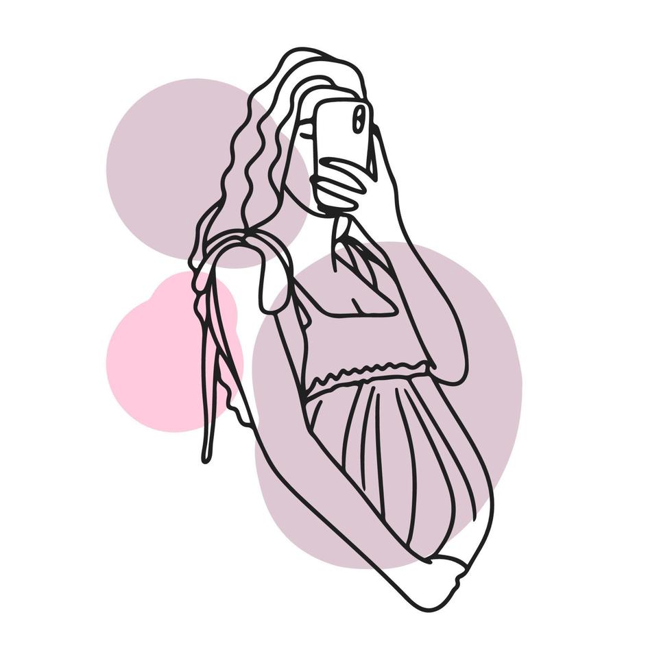 en gravid tjej tar en selfie i spegeln på telefonen, i klänning, rund och stor mage, graviditet, doodle vektor