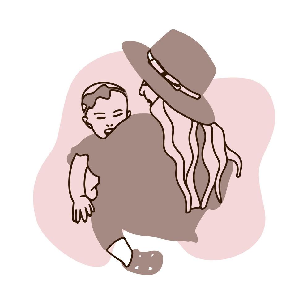 mamma och dotter, flicka som håller bebis, hatt, kärlek, leende, föräldrar, doodle vektor