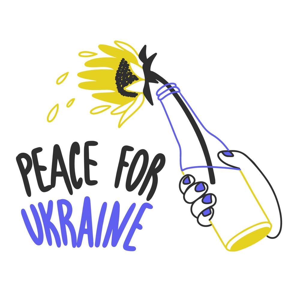 frieden für die ukraine, patriotische symbole, eine hand hält eine flasche mit einer sonnenblumenblume, blauer, gelber und schwarzer farbe vektor