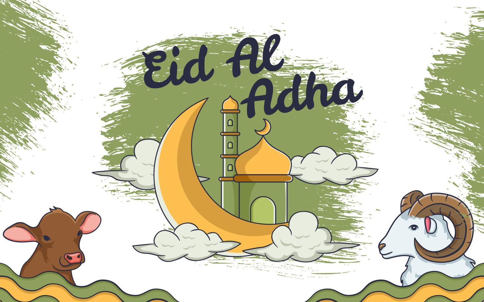 eid al adha med månen, moskén, ko, get, molnillustration och islamisk prydnad vektor