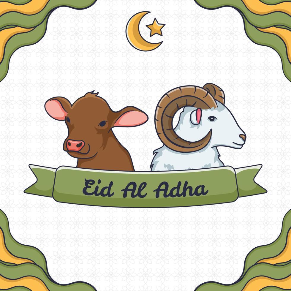 eid al adha mit kuh-, ziegenillustration und islamischer verzierung vektor