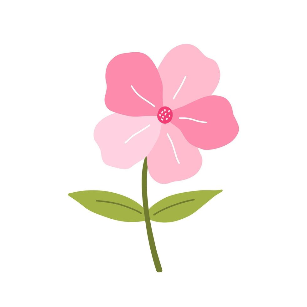 söt rosa blomma med blad isolerad på vit bakgrund. vektor illustration i handritad platt stil. perfekt för kort, logotyp, dekorationer, vår- och sommardesigner. botaniska clipart.