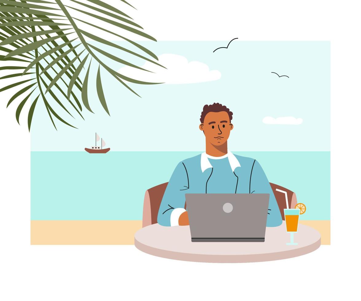 afrikansk amerikansk man arbetar på distans från tropisk strand. frilansar kille som använder laptop chattar och surfar på internet. worcation och frihet från kontor koncept. färgad platt vektorillustration vektor