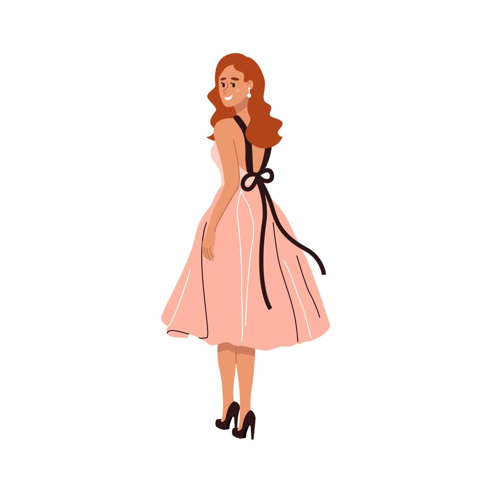 Frau in modischem Kleid mit Schleife für die Abendgesellschaft. hübsches Mädchen mit romantischem Outfit, Schuhen. frau im eleganten rosa kleid. flache vektorillustration lokalisiert auf weißem hintergrund vektor