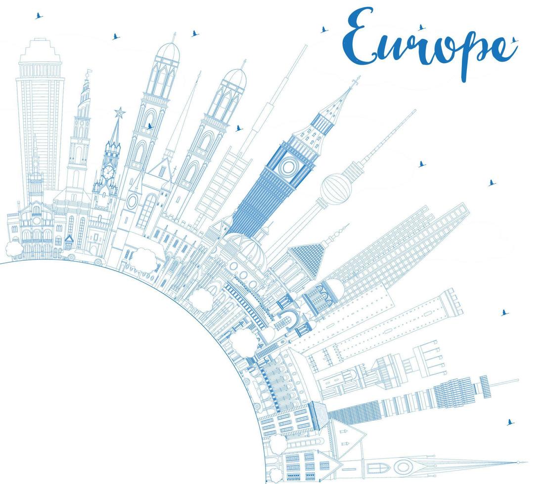 skizzieren sie die europa-skyline-silhouette mit blauen wahrzeichen und kopierraum. vektor