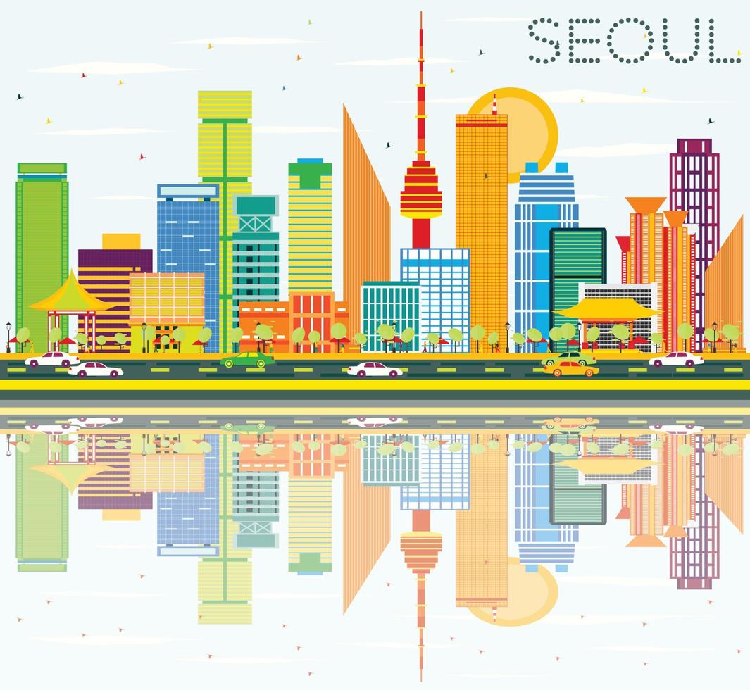 Seoul-Skyline mit Farbgebäuden, blauem Himmel und Reflexionen. vektor