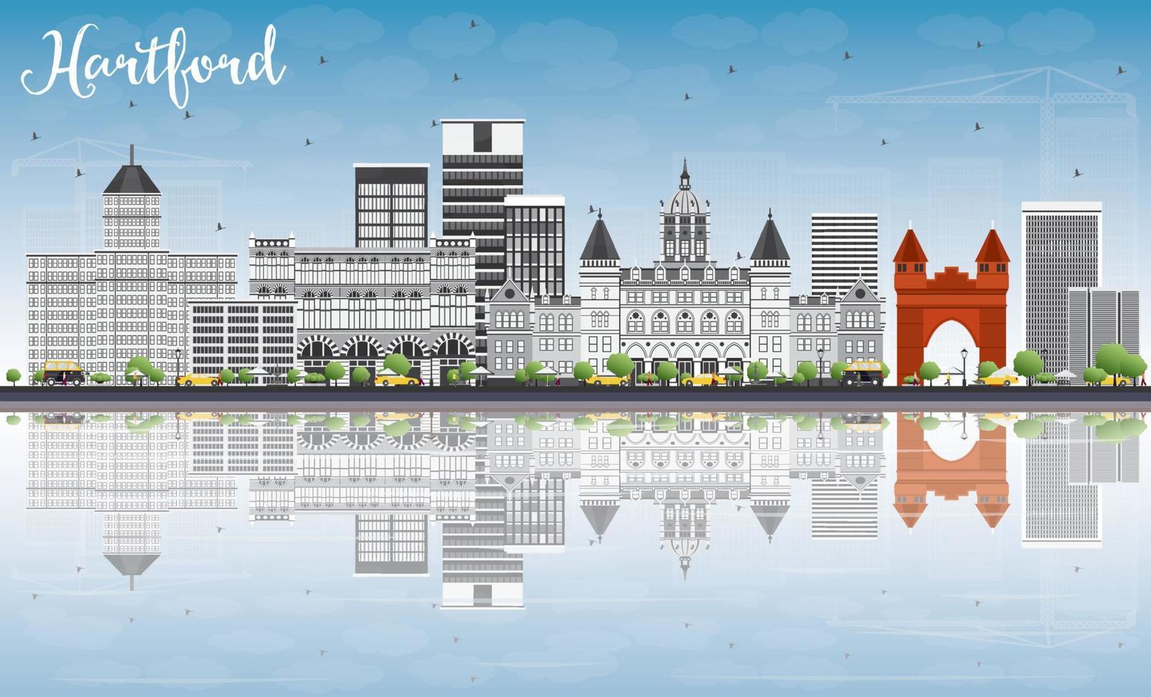 hartford skyline mit grauen gebäuden, blauem himmel und reflexionen. vektor