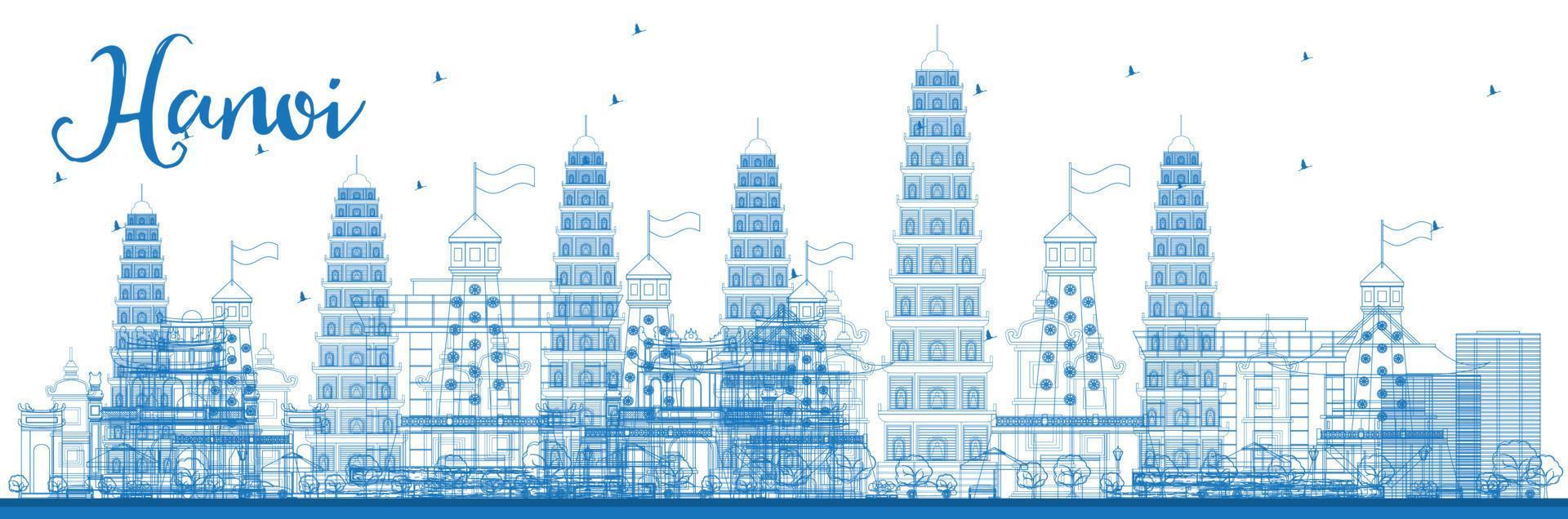 kontur Hanois silhuett med blå landmärken. vektor