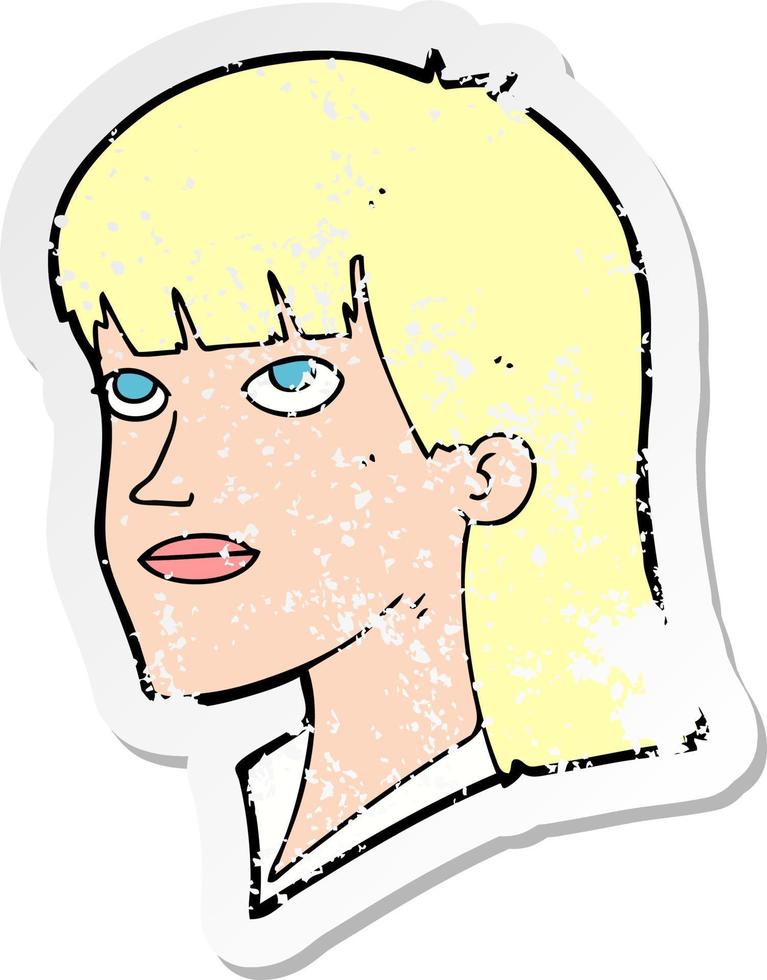 Retro-Distressed-Aufkleber einer ernsthaften Cartoon-Frau vektor