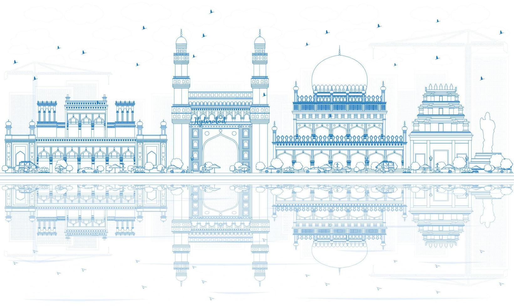 skissera hyderabads skyline med blå landmärken och reflektioner. vektor