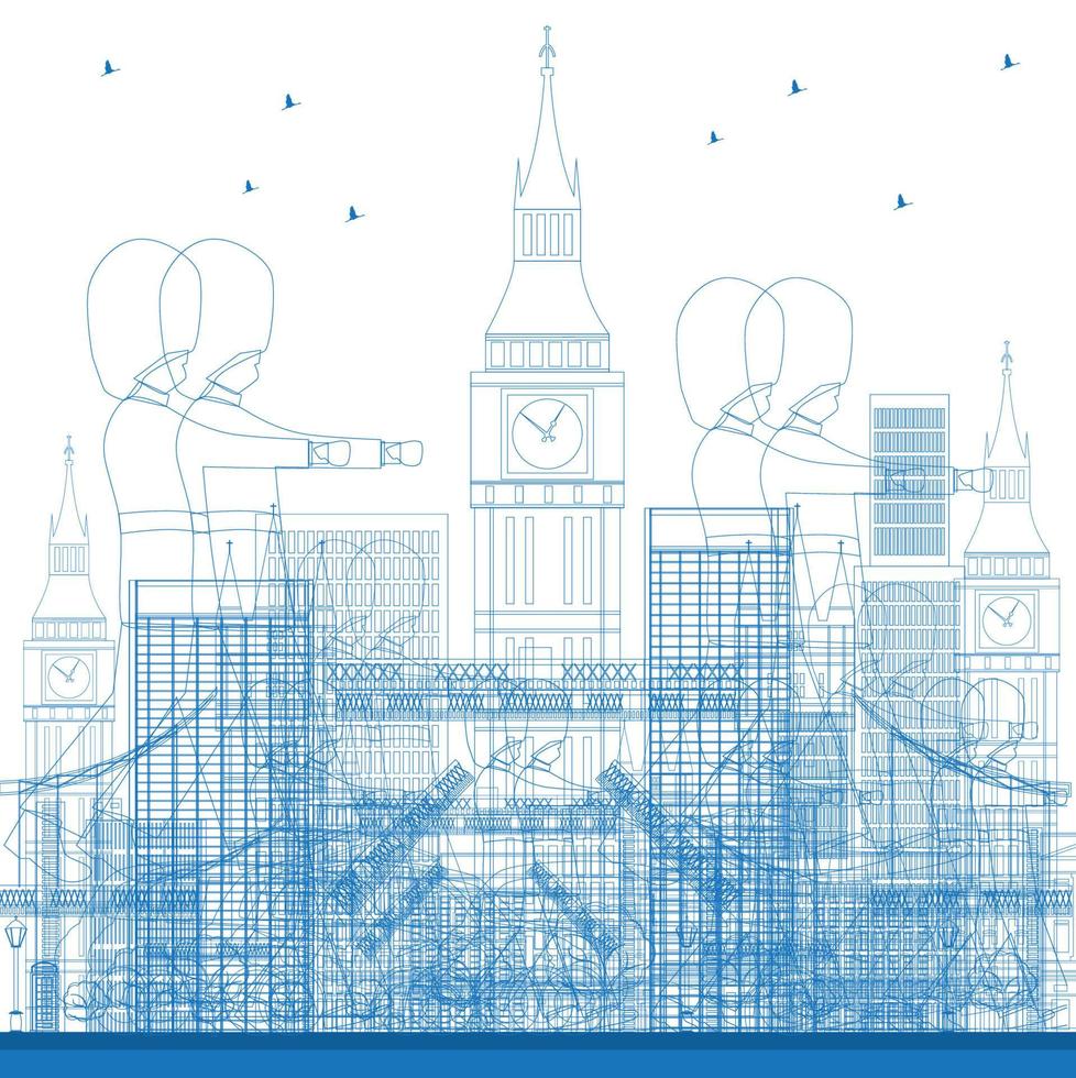 skissera Londons skyline med blå byggnader och soldater. vektor illustration. affärs- och turismkoncept med skyskrapor. bild för presentation, banner, plakat eller webbplats