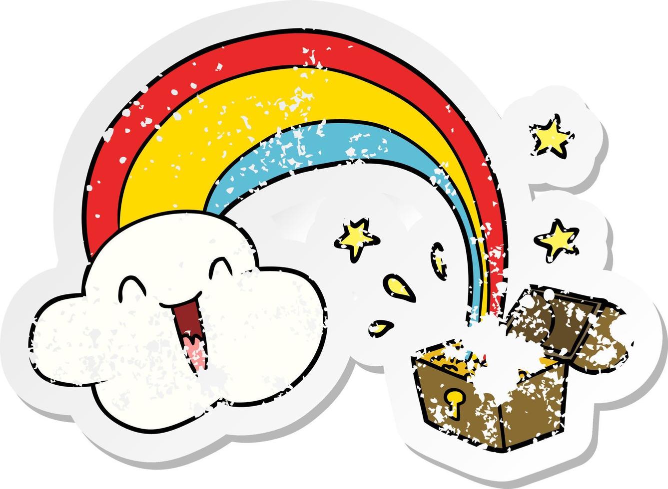 nödställda klistermärke av en tecknad regnbåge och en kruka med guld vektor