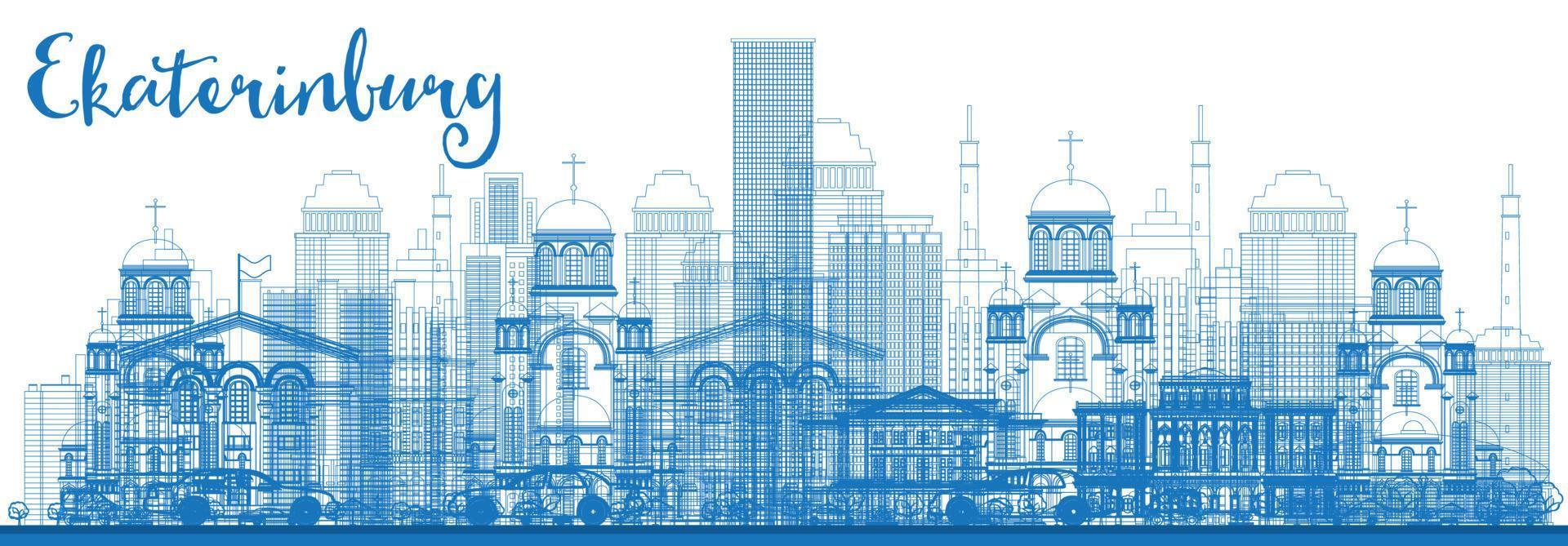 skizzieren sie die skyline von ekaterinburg mit blauen gebäuden. vektor