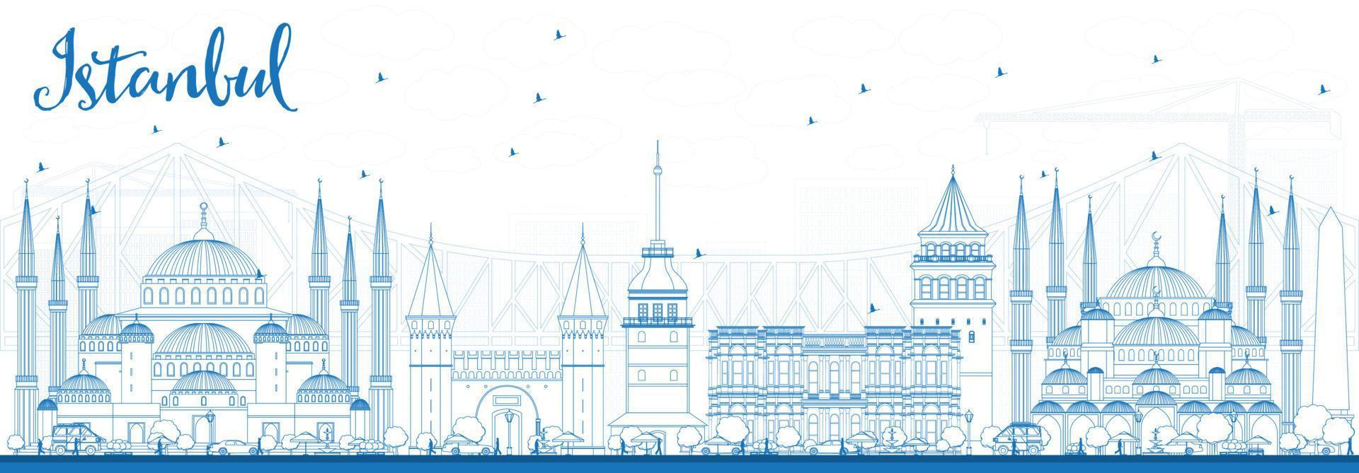 skizzieren sie die skyline von istanbul mit blauen wahrzeichen. vektor