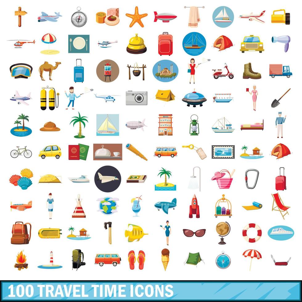 100 restid ikoner set, tecknad stil vektor