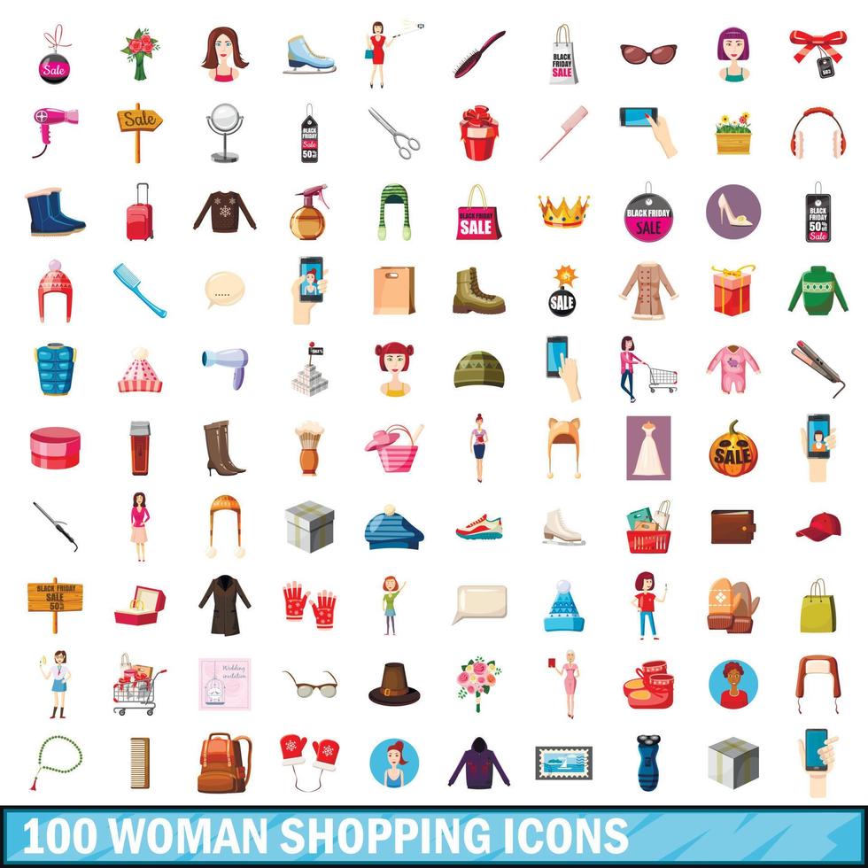 100 Frauen einkaufen Icons Set, Cartoon-Stil vektor