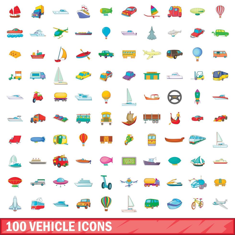 100 Fahrzeugsymbole im Cartoon-Stil vektor