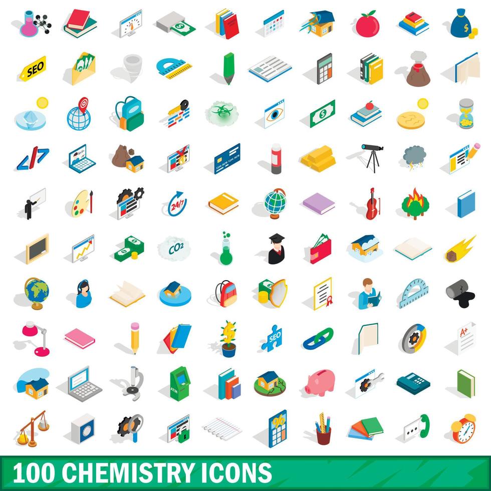 100 Chemie-Icons gesetzt, isometrischer 3D-Stil vektor