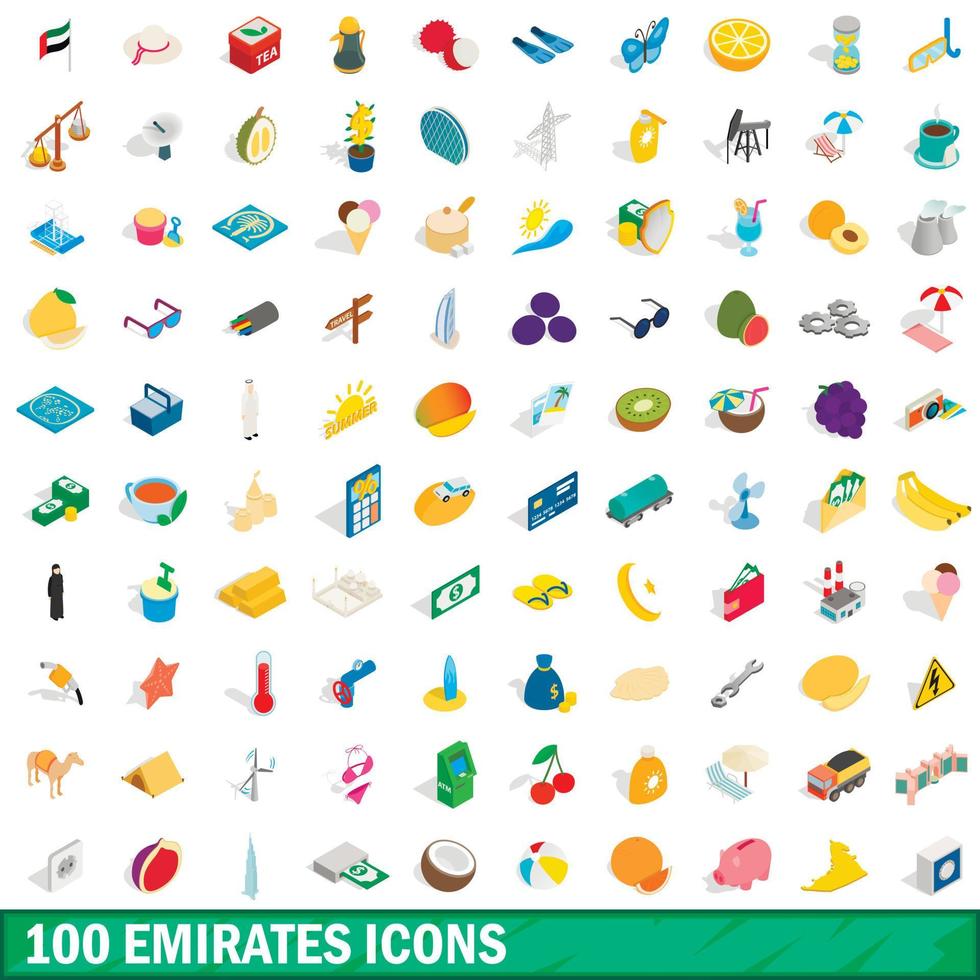 100 Emirate-Icons gesetzt, isometrischer 3D-Stil vektor