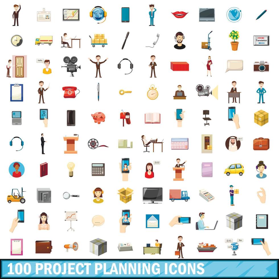 100 projektplanering ikoner set, tecknad stil vektor