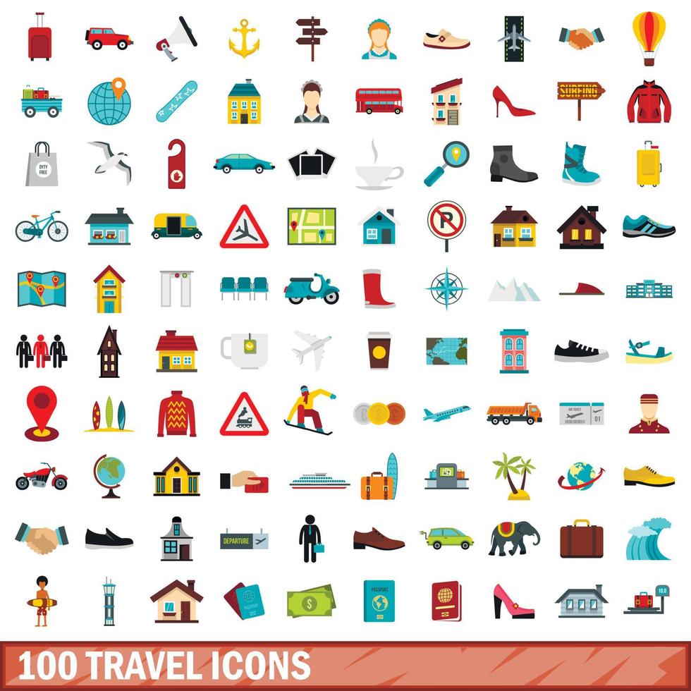 100 resor ikoner set, platt stil vektor