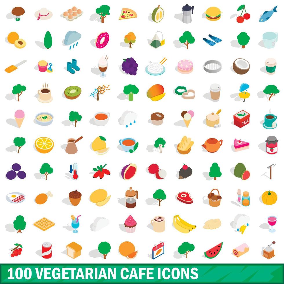 100 vegetarische Café-Icons gesetzt, isometrischer 3D-Stil vektor