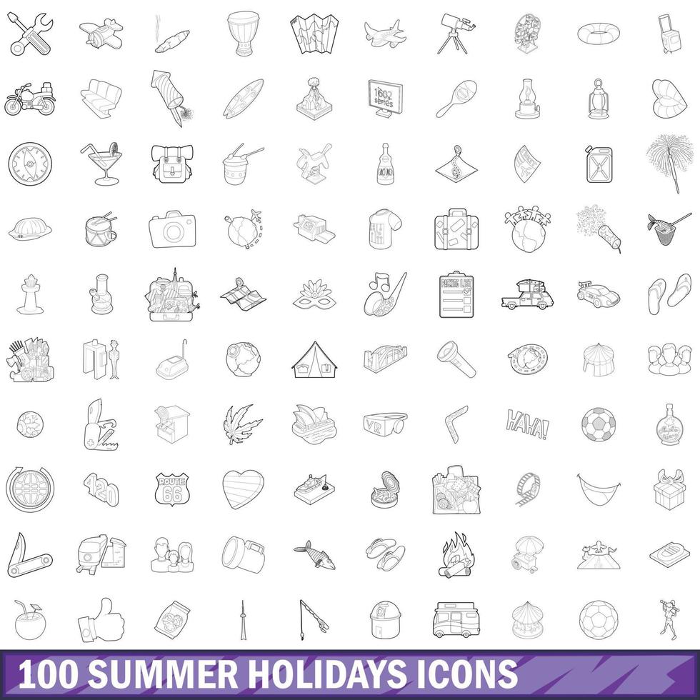 100 Sommerferien-Icons gesetzt, Umrissstil vektor