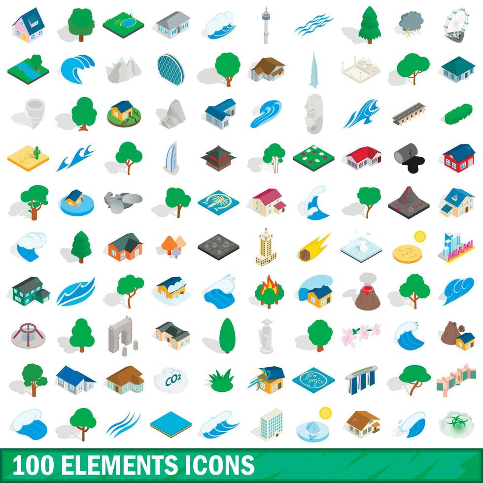 100 Elemente Icons Set, isometrischer 3D-Stil vektor