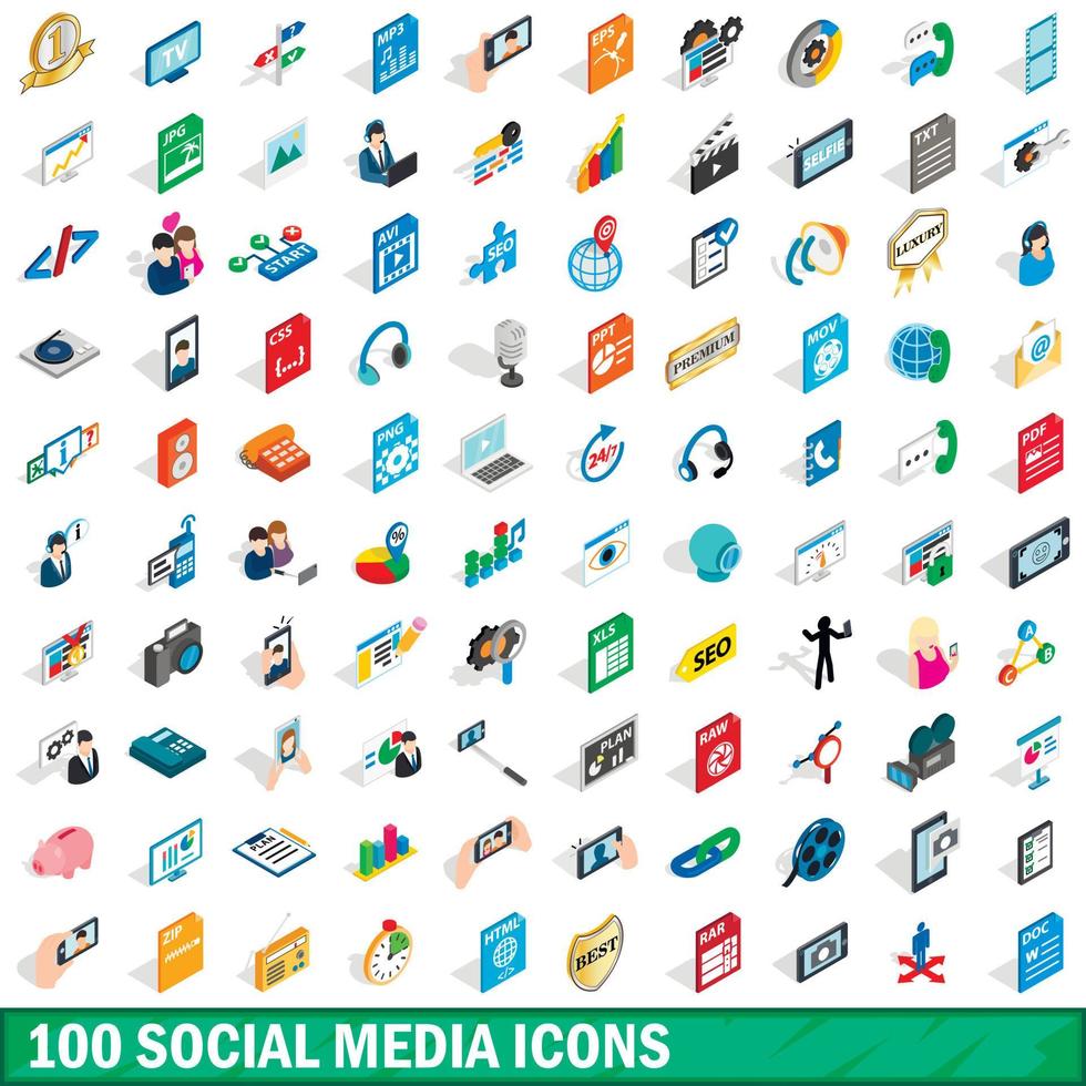 100 Social-Media-Icons gesetzt, isometrischer 3D-Stil vektor