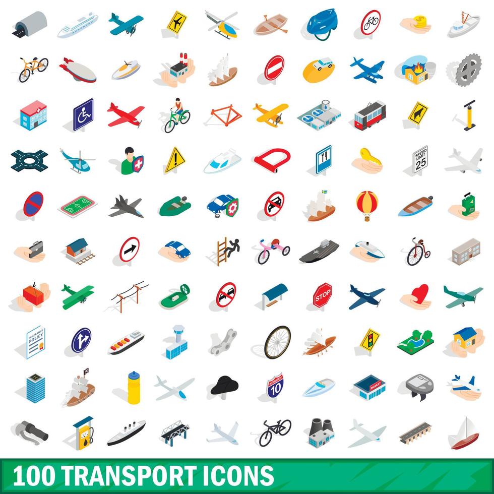 100 Transportsymbole gesetzt, isometrischer 3D-Stil vektor