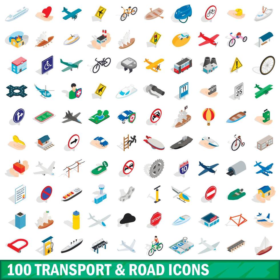 100 Transport- und Straßensymbole gesetzt, isometrischer Stil vektor