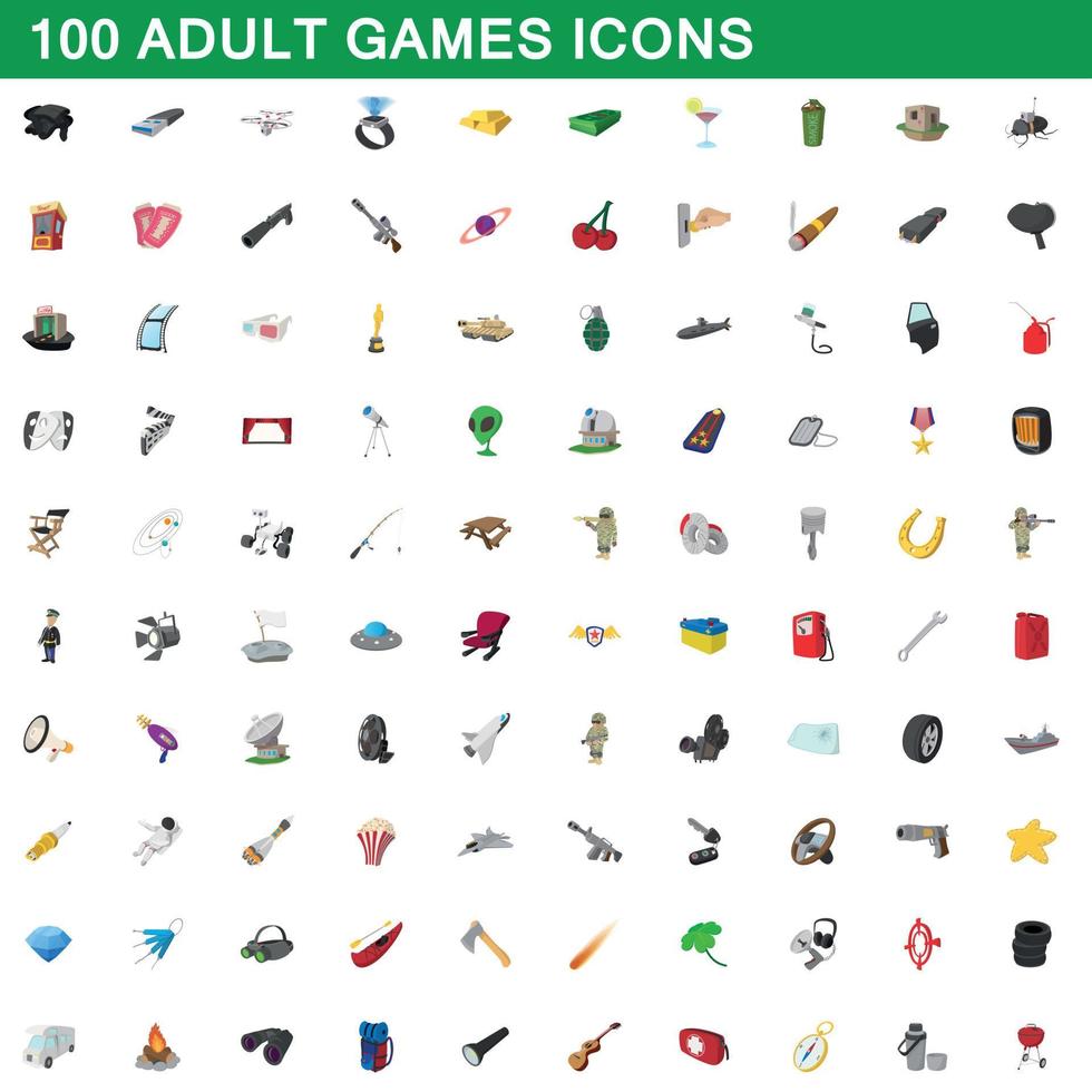 100 Symbole für Spiele für Erwachsene im Cartoon-Stil vektor