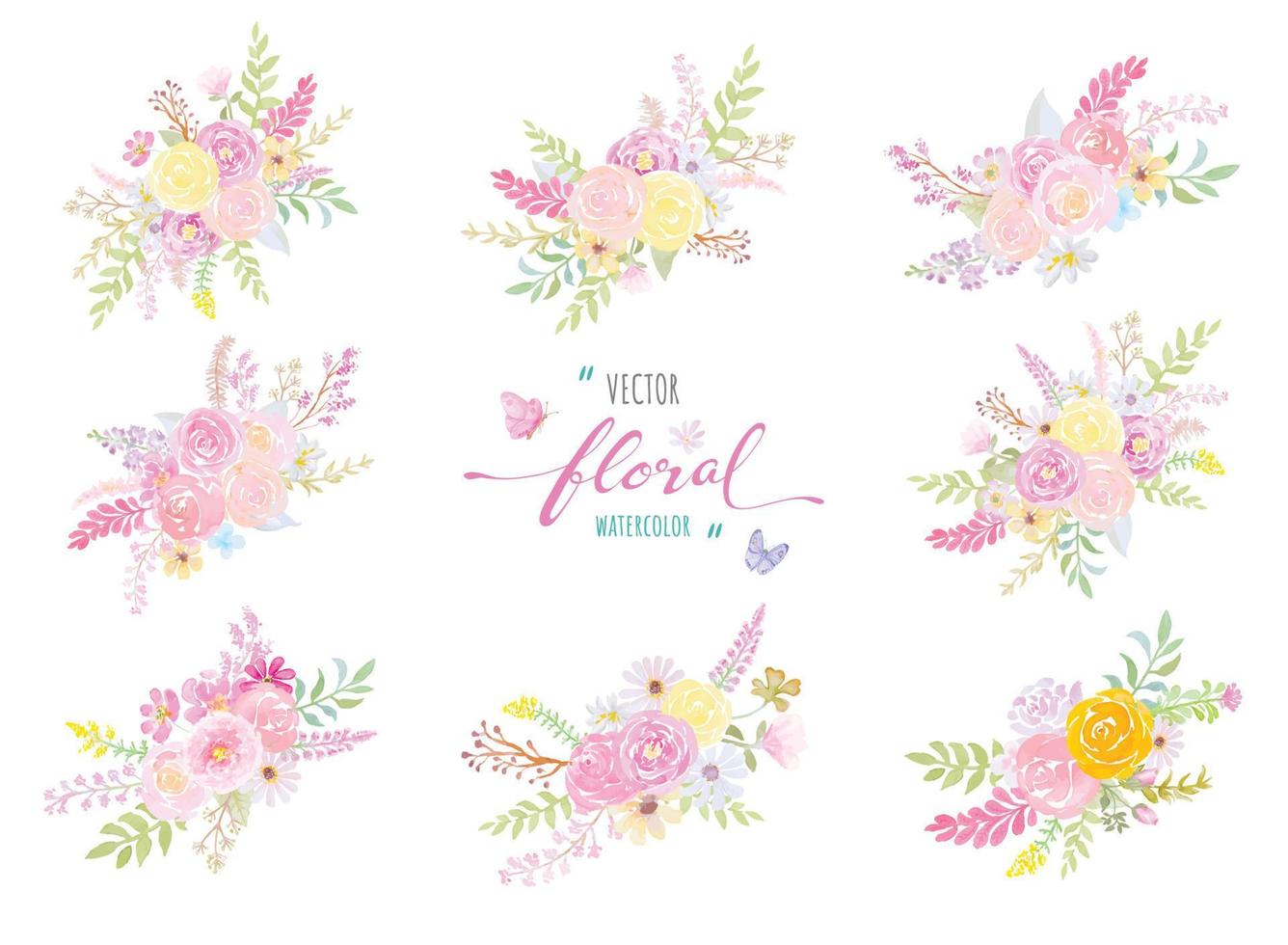 akvarell handmålad illustration vacker ros blomma botaniska blad och fjäril samling set för kärlek bröllop alla hjärtans dag eller arrangemang inbjudan design gratulationskort vektor