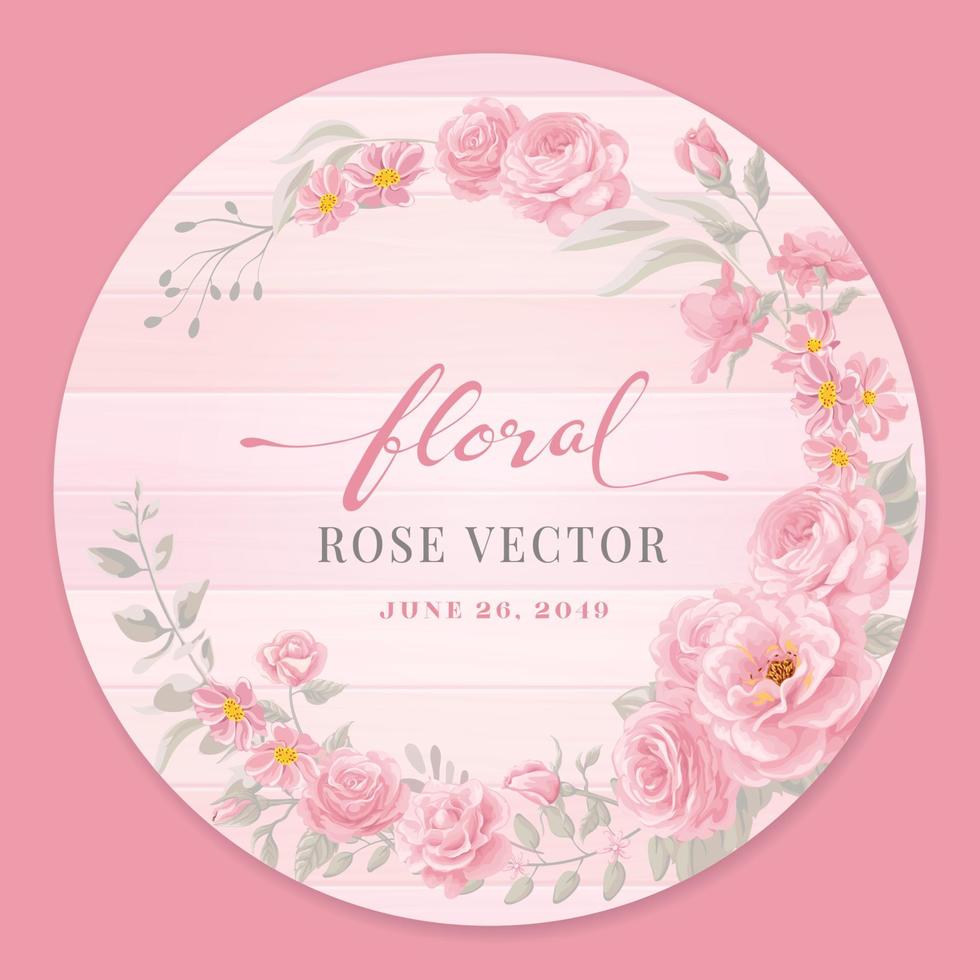 Rosenblüte und botanisches Blatt auf Holzetikett kreisen digital gemalte Illustration ein vektor