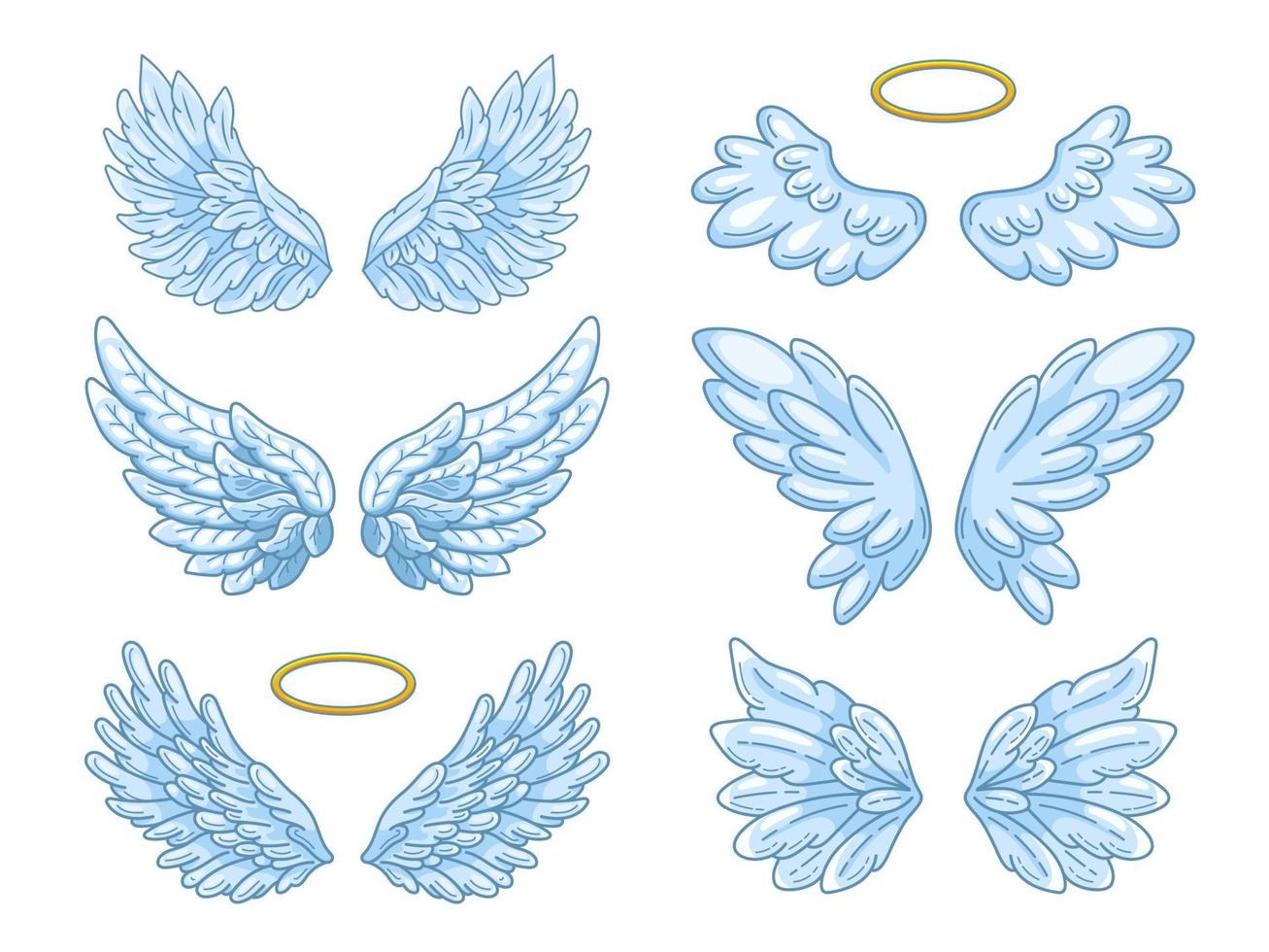 samling av breda blåa änglavingar med gyllene gloria. konturritning i modern linjestil med volym. vektor illustration isolerade på vitt.
