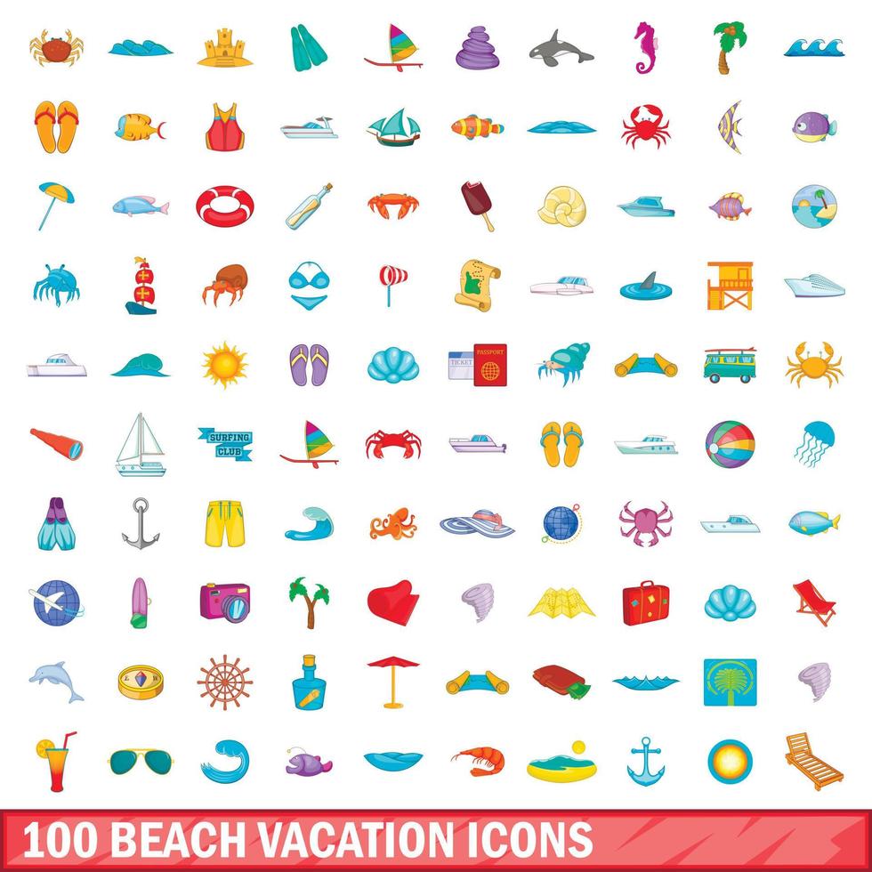 100 Strandurlaub-Icons gesetzt, Cartoon-Stil vektor