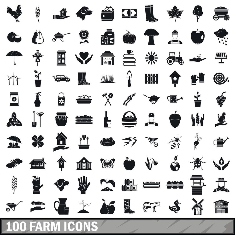 100 gård ikoner set, enkel stil vektor