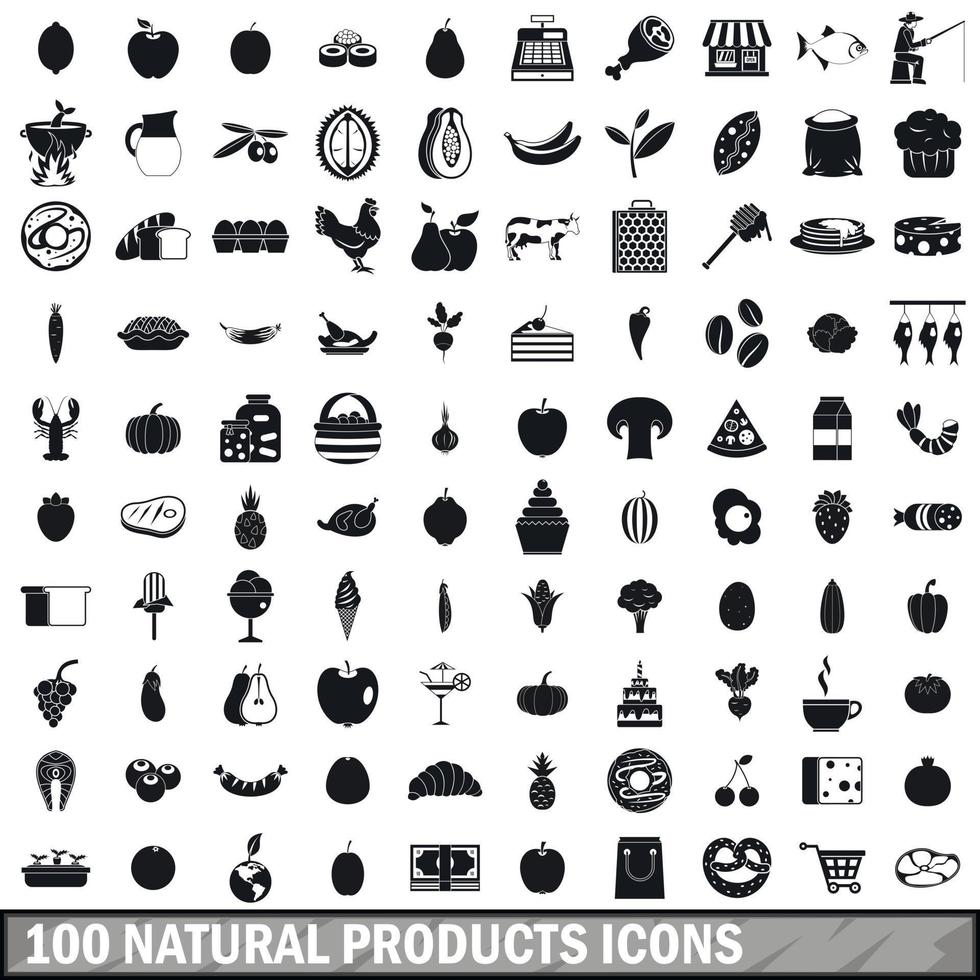 100 naturliga produkter ikoner set, enkel stil vektor