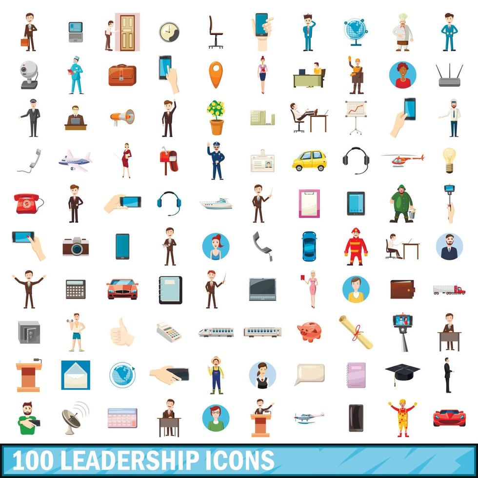 100 ledarskap ikoner set, tecknad stil vektor