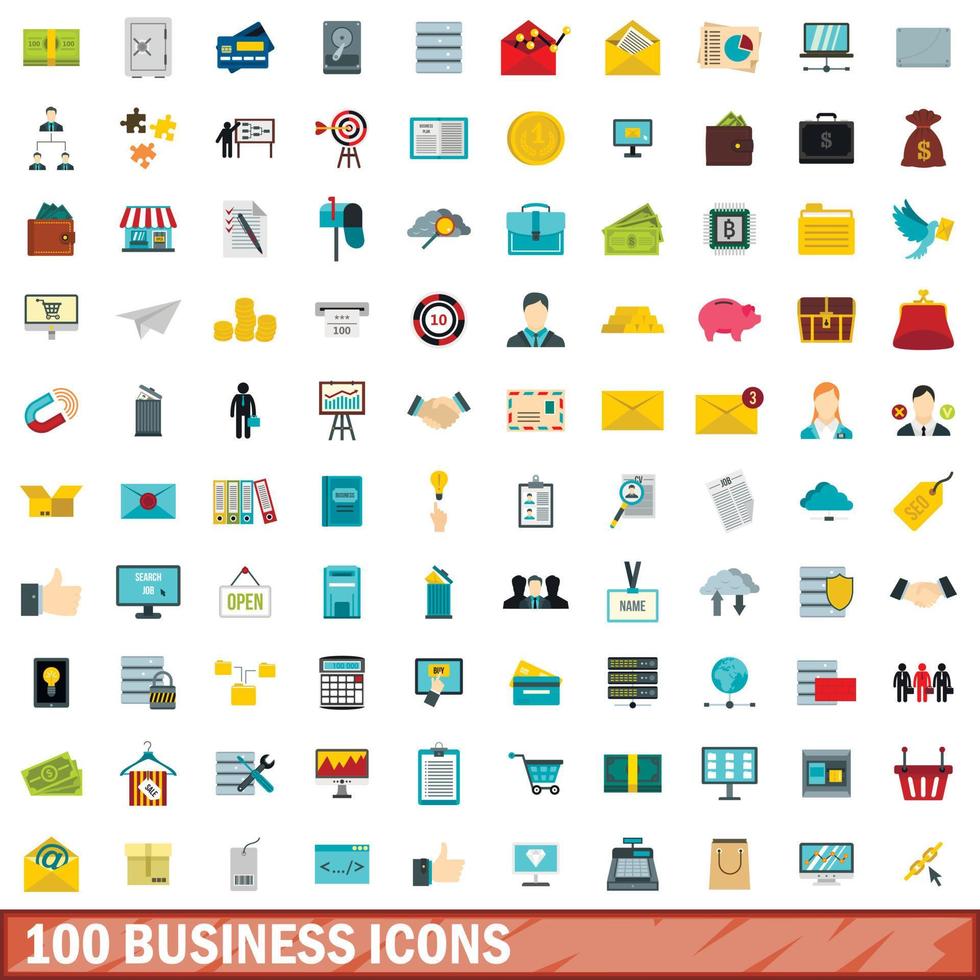 100 Business-Icons gesetzt, flacher Stil vektor