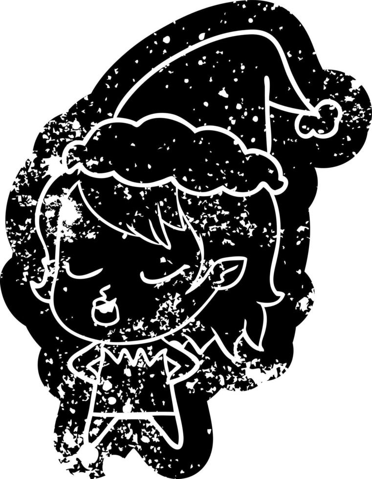 niedliche Cartoon-Distressed-Ikone eines Vampirmädchens mit Weihnachtsmütze vektor
