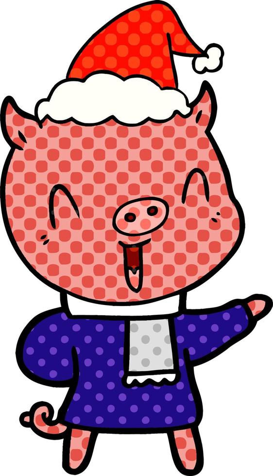 glad serietidning stil illustration av en gris i vinterkläder bär tomte hatt vektor