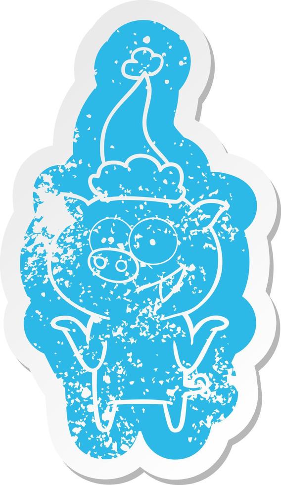 tecknad nödställd klistermärke av en gris utan bekymmer som bär tomtehatt vektor