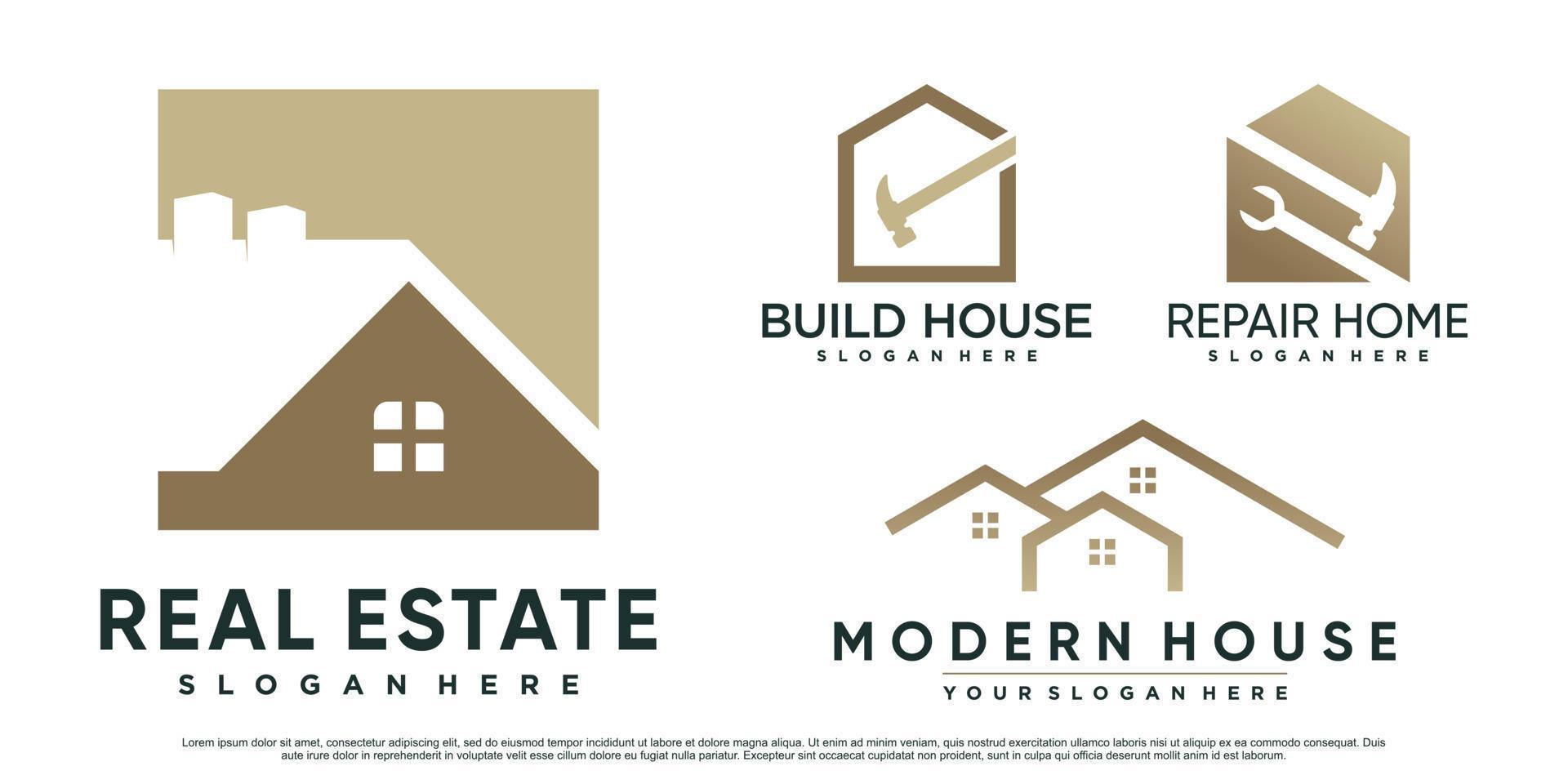 uppsättning bygga hus logotyp design inspiration för konstruktion med hammare och kreativa element premium vektor