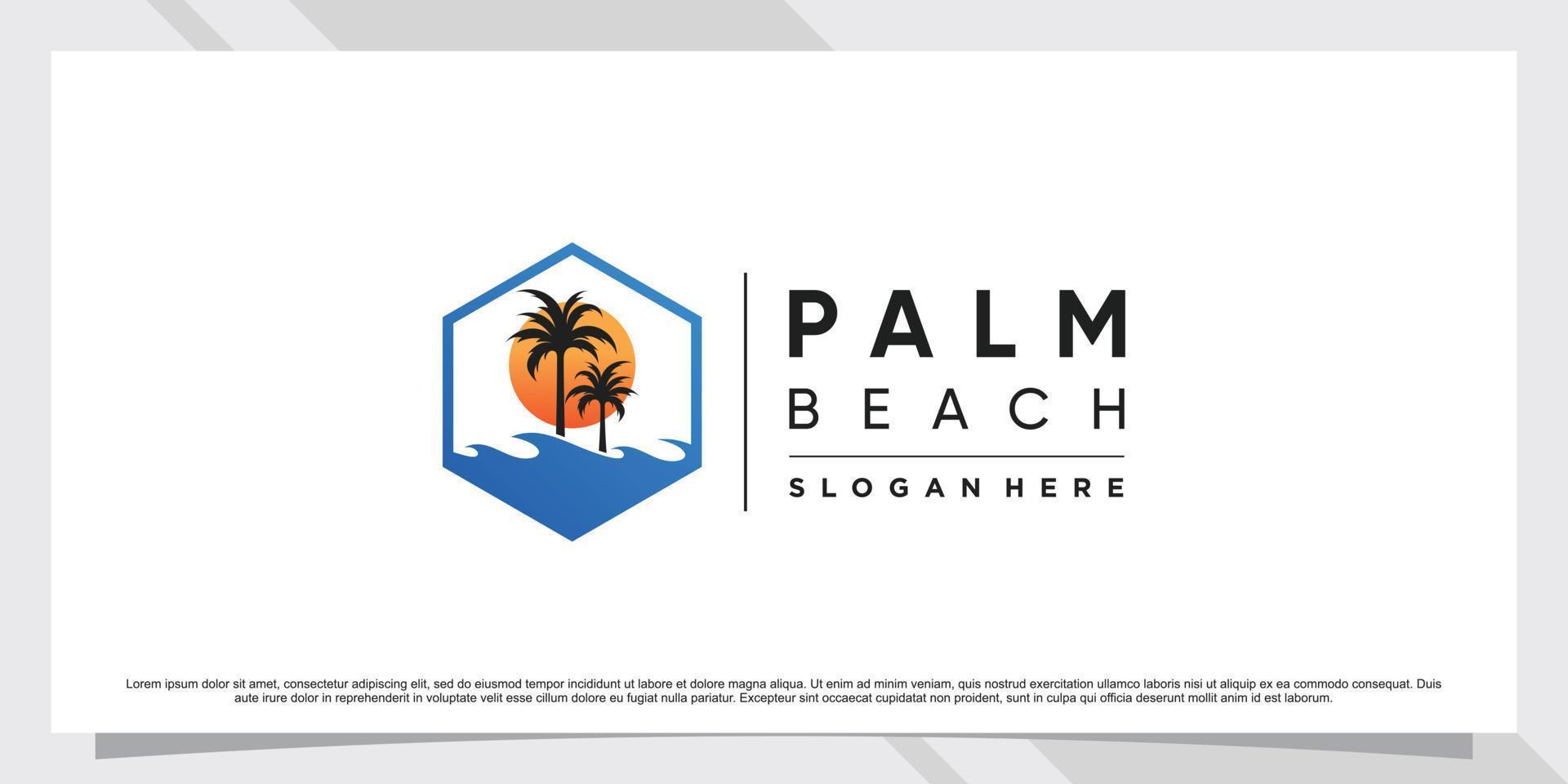 palmträd och strand logotyp design inspiration med sol och kreativa element premium vektor