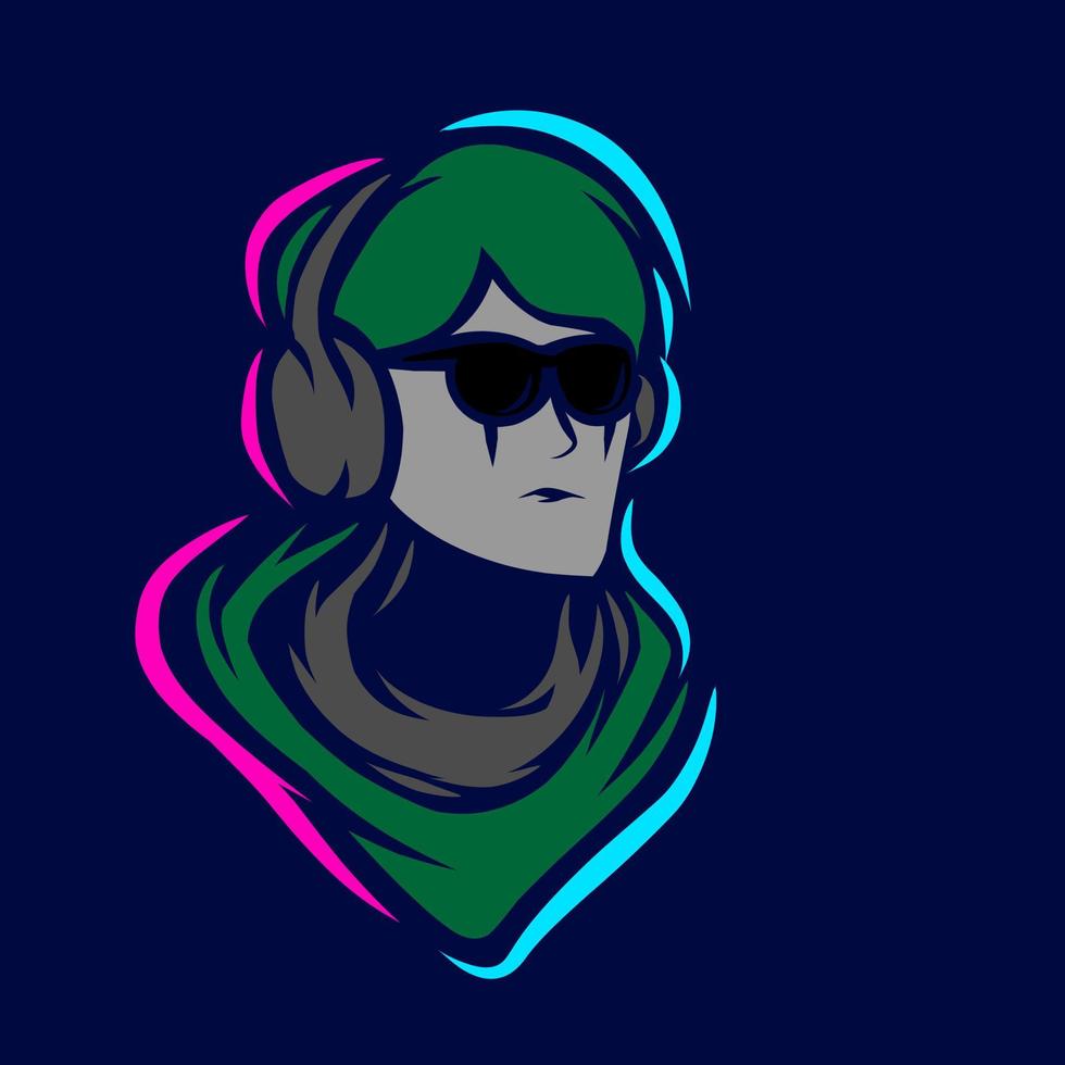 musik man gamer linje popkonst potrait logotyp färgglad design med mörk bakgrund. abstrakt vektor illustration. isolerad svart bakgrund för t-shirt, affisch, kläder, merch, kläder, badge design